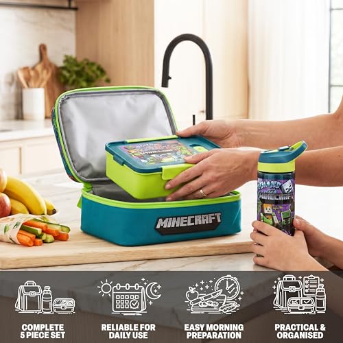 Get Trend Minecraft Kids Lunch Box 3 Pc Set with Insulated Lunch Bag, Bento Box with Two Mini Pots & 20 fl oz Water Bottle with Straw for School, Picnic, Creeper Gamer Gifts for Boys (Multi Minecraft) Multi Minecraft