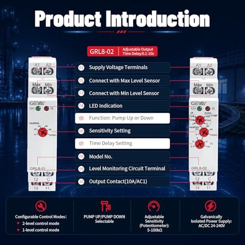 Liquid Timer Control Relay Electronic Liquid Level Controller 10A (GRL8-02+Sensor,AC/DC24V-240V) AC/DC24V~240V GRL8-02+Sensor