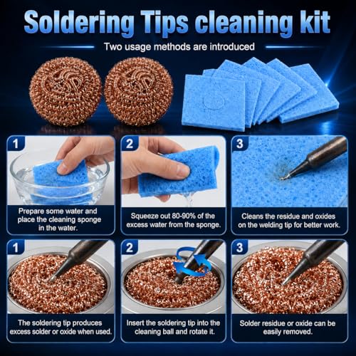 11-Piece Soldering Tip Cleaner Set, Soldering Accessories Without Water | 1 stand, 3 wire balls, 2 metal shelves, 5 blue sponges, waterless use, for workbench and electronics repair