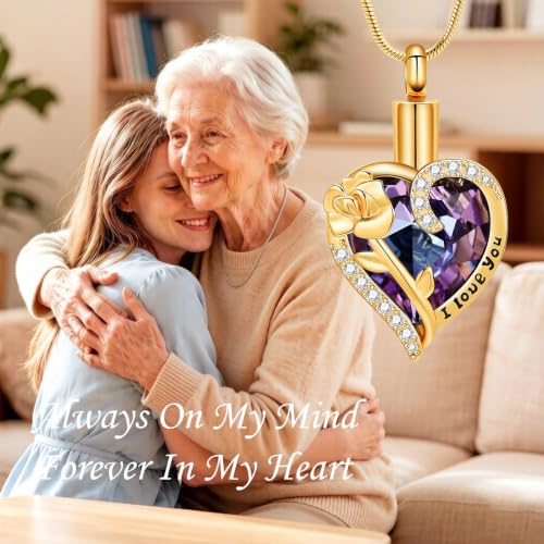 Heart Urn Necklace for Ashes Flower Crystals Cremation Jewelry for Women Purple-Gold
