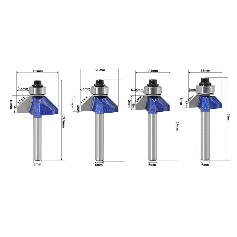 [Australia - AusPower] - 4-Piece 6 mm Shank 45 Degree Chamfer Cutter Carbide Fitted Edges Shaping Cutter for Carpentry Chamfering Woodworking Trimming with Ball Bearing 