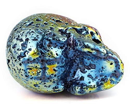 Skullis 2.0" Rainbow Aura Hot Lava Stone Crystal Skull, Hand Carved Gemstone Fine Art Sculpture, Reiki Healing Stone Statue.