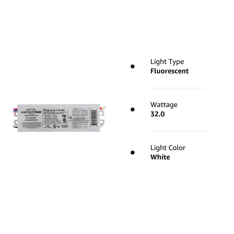 Keystone Ballasts 22 & 32 Watt or 32 & 40 Watt circline, 120V, w/sockets, ELECTRONIC model number KTEB-2C72-1-TP-WS-CP