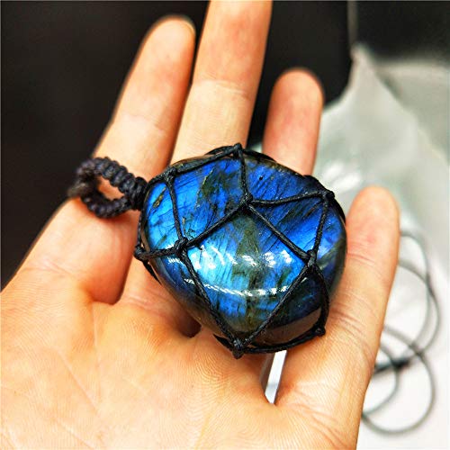AITELEI Natural Labradorite Crystal Necklace Healing Chakra Pendant with Hand-Woven Rope Labradorite Palm Stone Moonstone Healing Stone Pendant