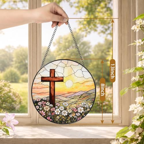 8 Inch Stained Glass Cross Sunset for Windows Hanging, Stained Glass Gift, Christian Gifts, Religious Gifts, Christian Cross, Window Decor, Religious Faith Gift for Easter, Mother's Day, Christmas Cross & Sun