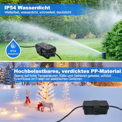 Hrensaw Small Weatherproof Electrical Connection Box (Inner Dimensions: 14 x 7.5 x 5.5 cm), IP54 Waterproof Cable Security Box for Protection of Timers, Extension Cables, Festive Lights, Black Klein 1