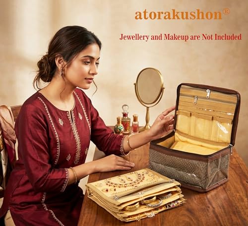 atorakushon Nylon MakeUp Organizer Case Travel Jewelry Bag Transparent Ring Earring Storage Box for Bracelet Pendant Holder with 7 Clear Zippered Pouch Brown