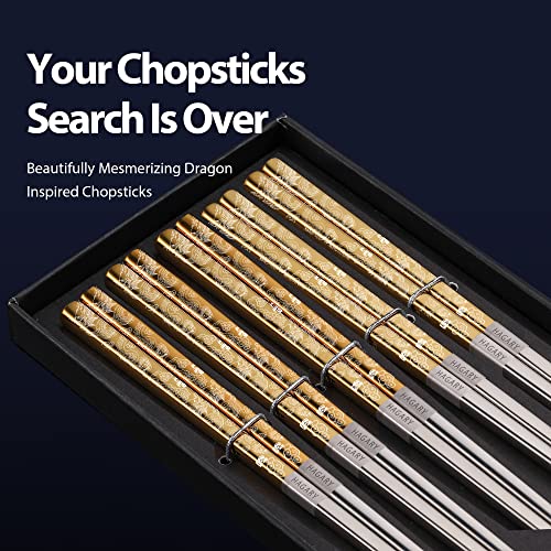 Hagary Dragon Chopsticks Metal Reusable Designed In Korea Japanese Style Stainless Steel 316 18/10 Non-Slip Dishwasher Safe Laser Etched (Gold - 5 Pairs) Gold - 5 Pairs