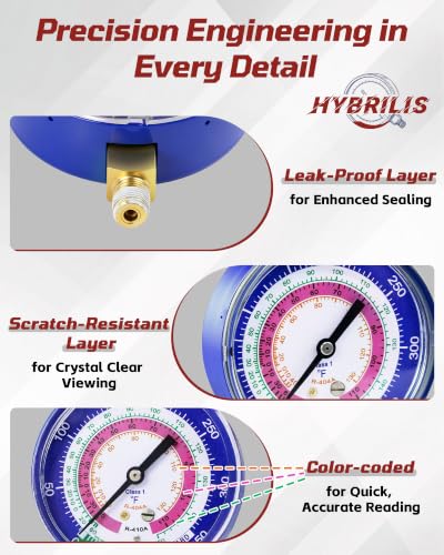 Hybrilis 49138 manifold gauge with 3-1/8-inch HVAC pressure gauges for R-22, R-404A, and R-410A