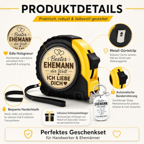 Anniversary Gift for Him, Best Husband in the World, Tape Measure 5 m with Key Ring, Wedding Anniversary Gifts for Men, I Love You Gifts for Men, Husband Birthday Gift