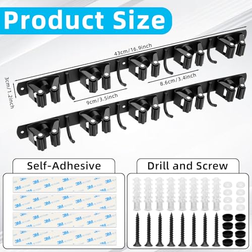 Pack of 2 broom holder, wall, garden tool holder, made of stainless steel | 10 Holders + 8 Hooks Heavy Duty Device Holder Self-Adhesive Broom Mop Holder Wall Mount for Kitchen Bathroom Garage Garden