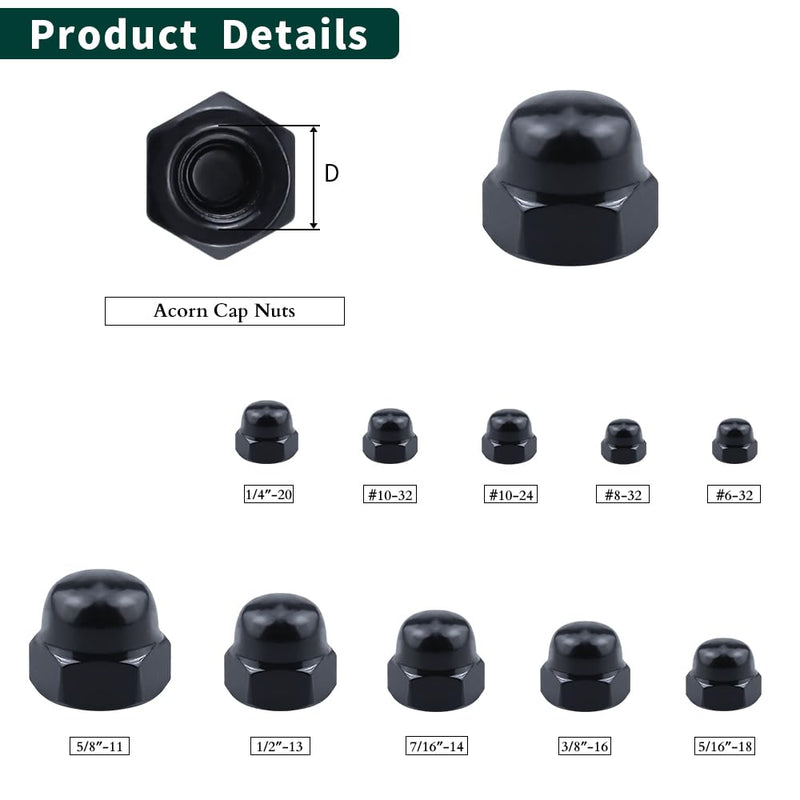 [Australia - AusPower] - 1/4"-20 Hex Head Acorn Cap Nuts, 304 Stainless Steel 18-8 Hexagon Head Acorn Dome Cap Nuts, Black Oxide Finish, Hex Drive, 25 PCS 1/4"-20 