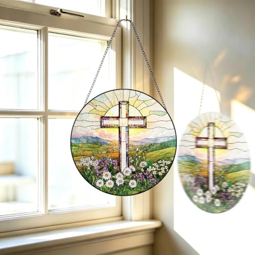 Cross Decor Suncatcher, Christian Stained Glass Window Hanging, 8 Inch Cross Wildflowers Sun Catchers Indoor Window Decorations, Suncatchers for Windows Hanging, Religious Home Decor Cross Stained Glass