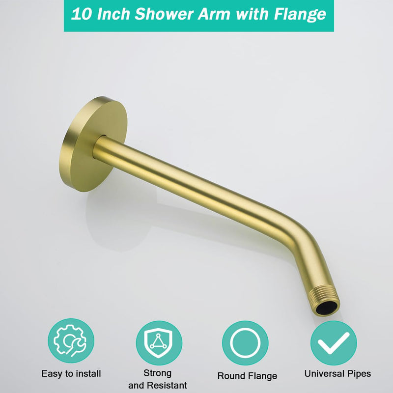 10 Inch Shower Arm with Large Flange,Brushed Gold Wall-Mounted Stainless Steel Shower Pipe Replacement for Fixed and Handheld Shower Heads,SE-RD91018-10BG Round Flange-10″Brushed Gold