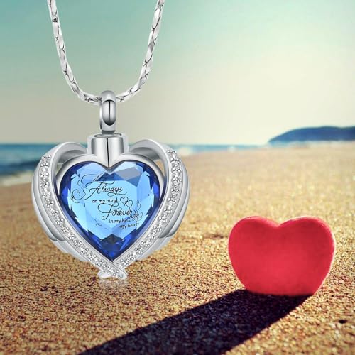 Cremation Jewellery for Ashes Pendant Crystal Heart Urn Necklace with Mini Keepsake Urn Memorial Ash Jewellery Silver blue-always