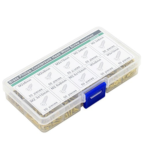 Shitong brass countersunk head wood screw assortment kit, 500-piece gold set sealed in a clear organizer box