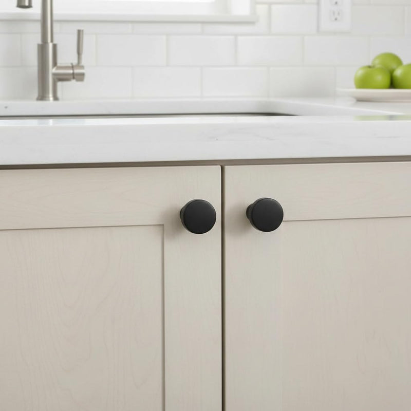 Cosmas 10 Pack 5234FB Flat Black Cabinet Knobs - Matte Black Round Cabinet Knob 1-1/4 Inch, Solid Zinc Metal, Kitchen Drawer Dresser Knob, Contemporary Hardware, Screws Included