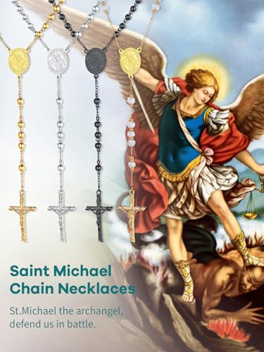 Supcare Rosary Beads Catholic Necklace for Women, Archangel St Michael/Christopher/Mary Cross Pendant Necklaces Stainless Steel/Gold/Black, With Gift Packaging st.michael-white