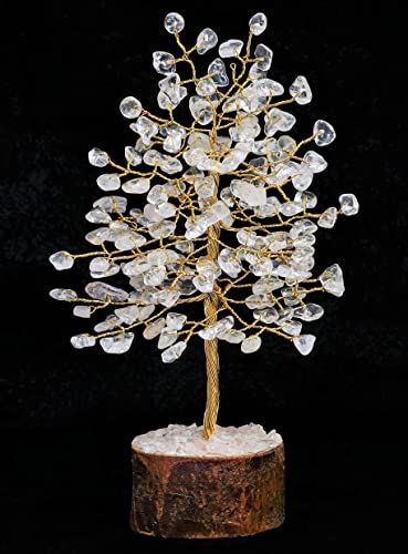 Crocon Clear Quartz Healing Crystal Tree 7-8 inch Bonsai, Desk Decor & Clear Quartz ( Golden Wire )
