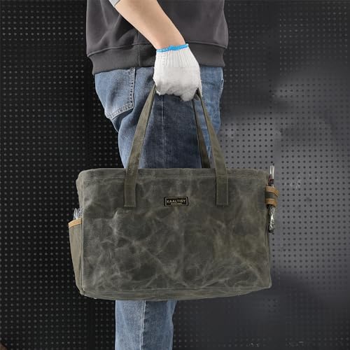 Kaaltisy army green waxed canvas tool tote bag with 8 pockets and metal support rods