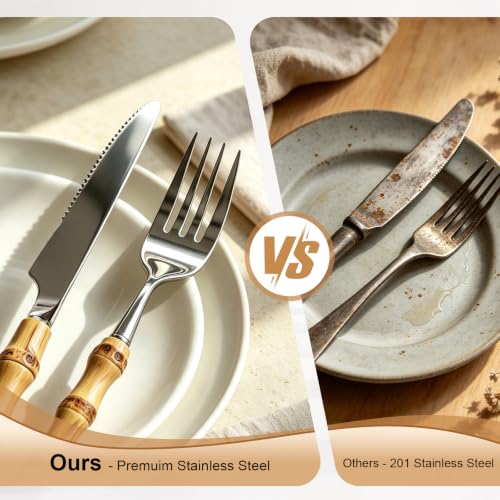 20-Piece Bamboo Handle Silverware Set for 4, 18/8 Stainless Steel Flatware Includes Knives, Forks and Spoons, Rust-Resistant Reusable Cutlery for Kitchen, Dining and Camping