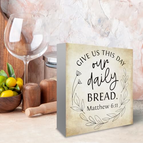 Inspirational Bible Verse Give Us This Day Our Daily Bread Wooden Box Sign Scripture Desk Decor Rustic Scripture Wood Block Plaque Box Sign for Home Office Shelf Table Decoration Matthew 6:11