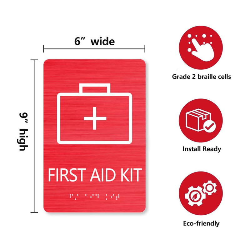 First Aid Kit Sign, ADA Compliant, Aluminum Composite Panel, Grade 2 Braille with Raised Tactile Letters, for Office, Schools, Restaurants & Public Facilities, 6" x 9"(3 Pcs) 3