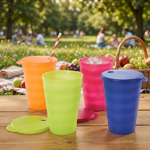 Tupperware Brand Impressions 16 oz Tumblers - Set of 4 - Dishwasher Safe & BPA Free - Mess-Free Reusable Plastic Cups with Lids