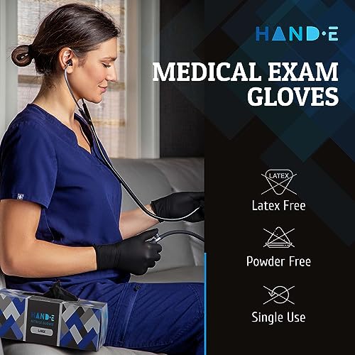 Hand-E Touch Black Nitrile Disposable Medical Gloves [Extra Thick 5 Mil] Medium - Pack of 100 - Surgical Gloves, Latex Free, Powder Free, Medical Examination Gloves Medium (100 Count)
