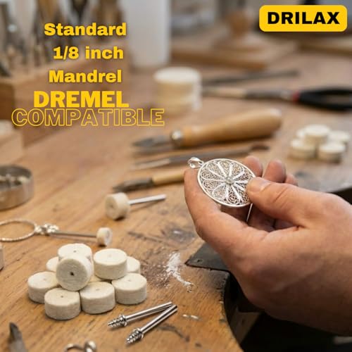 DRILAX 1/2-inch polishing buffing wheel kit with thick felt pads and mandrels for rotary tools, 200 pack