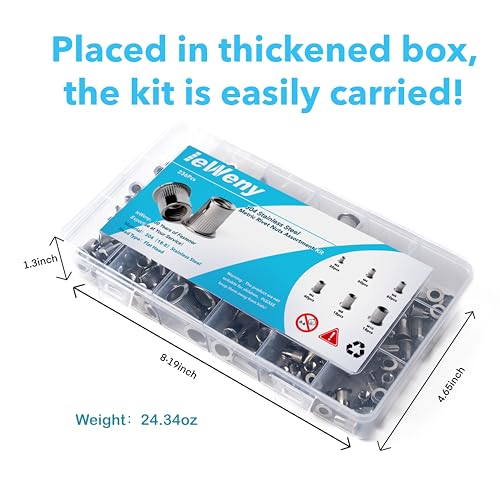ieWeny metric rivet nut assortment kit with 236 stainless steel threaded inserts in M3-M10 sizes, silver finish