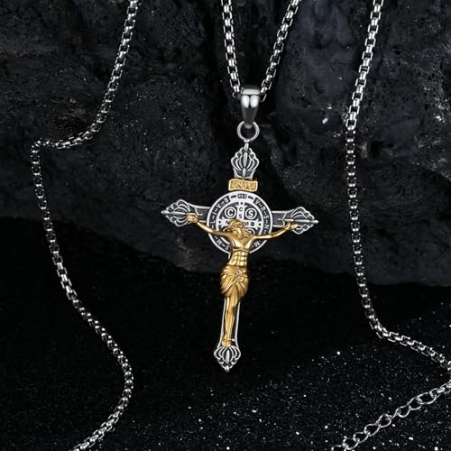Crucifix Necklace for Men 925 Sterling Silver Jesus Cross Necklace Crucifix Cross Pendant Protection Jewelry for Men Women B02-St Benedict