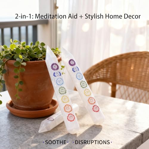Runyangshi 1Pcs Chakra Selenite Stick 6", Engraved with 7 Chakra Symbols for Meditation, Energy Healing, Spiritual Balanc
