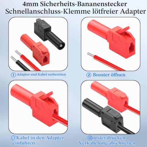 QIANRENON 4 mm Banana Plug Solderless Connection 32A M4 Sheath Banana Plug Quick Connection Adapter Crimping 4 mm Shroud Banana Plug, for Multimeter Test Circuit Oscilloscopes, Red + Black