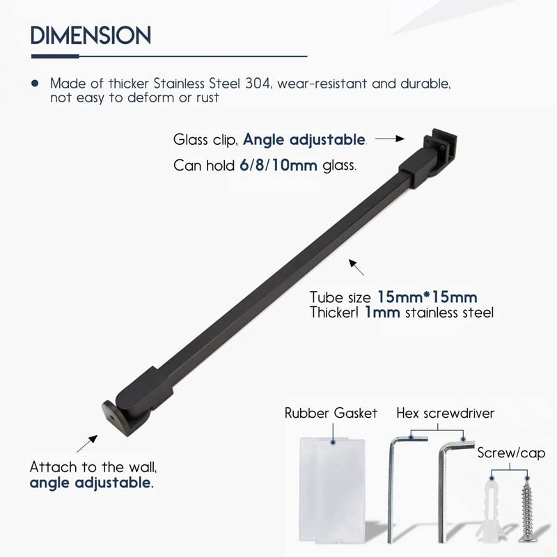 Matte Black Stainless Steel Wall-to-Glass Support Bar Support Arm for 1/4" 5/16" 3/8", or 6mm 8mm 10mm Glass for Fixed Frameless Shower Glass Panel (40cm) 40cm