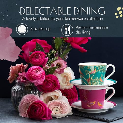 Portmeirion Sara Miller London Chelsea Teacup and Saucer, Green | 8 Oz Cup for Drinking Tea and Coffee | Made from Fine China with Gold Detail | Handwash Only
