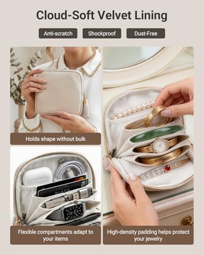 Small Travel Jewelry Case - Soft Vegan Leather Jewelry Organizer Storage Bag for Necklaces, Bracelets, Rings - Compact Jewelry Porch Travel Essentials for Women, Cream White 2 Pack
