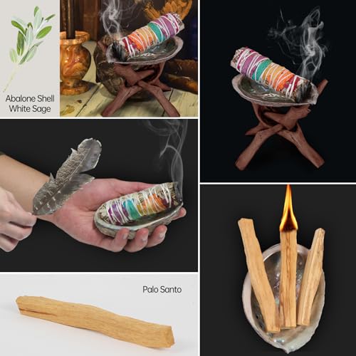 Nutgun Sage Smudge Kit - 2 White Sage Sticks, 1 Chakra Sage Stick, Palo Santo, Abalone Shell, Stand, Smudging Feather, 7 Chakra Stones & Guide ~ Sage Incense Sticks for Cleansing House & Meditation Sage Smudge Kit With Healing Stones