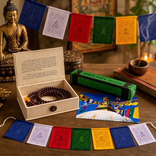 Buddha-Buddha Spiritual Buddhist Gift Set, 108 Prayer Mala Beads in Lokta Box, Green Tara Incense, Tibetan Prayer Flags, Meditation