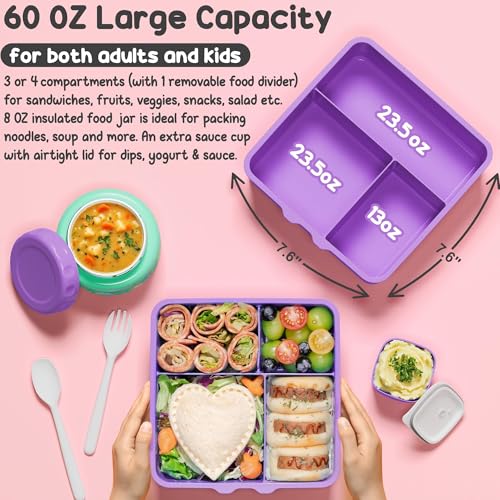 Fimibuke Bento Box for Kids Adult - Leakproof 3-4 Compartments Lunch Bento Box Set with Insulated Food Jar, Water Bottle, Lunch Bag, Sauce Cup & Cutlery for Toddler Teen Shcool Girl Boy Age 3+ A2.Dinosaur