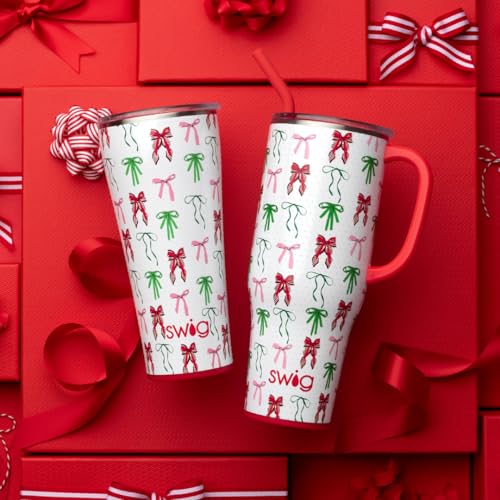 Swig Life 40oz Mega Mug, 40 oz Tumbler with Handle and Straw, Cup Holder Friendly, Dishwasher Safe, Extra Large Insulated Tumbler, Stainless Steel (Ribbons and Bows)
