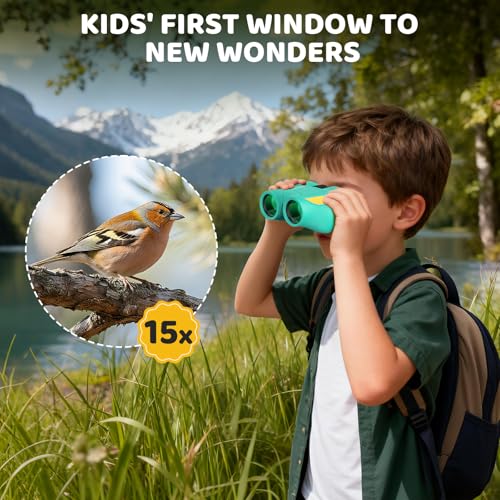 Aurosports 15x25 Compact Binoculars for Kids with Bird Guide Book, Green