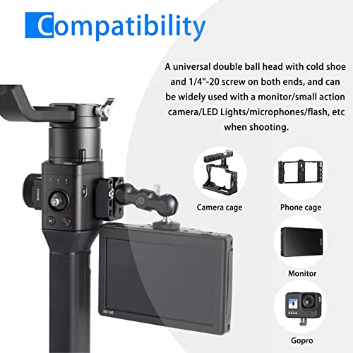 Magic Arm Cool Ballhead Double Ball Head Adapter with 1/4’’ Screw and Cold Shoe Mount - 2 Pack for Cameras, Camcorders, Monitor, Flash, LED Light, Microphone, and More