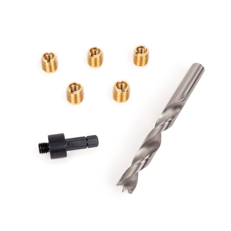 E-Z LOK 400-6 Threaded Inserts for Wood, Installation Kit, Brass, Includes 3/8-16 Knife Thread Inserts (5), Drill, Installation Tool 3/8-16 (5 Count)