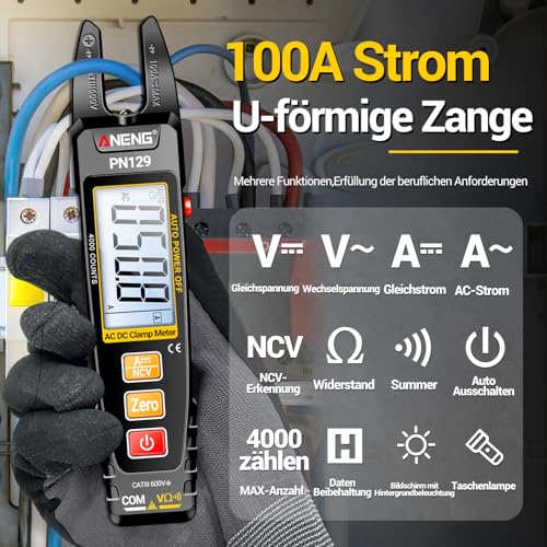 Multimeter PN129 Current Clamp, TRMS 4000Counts U-shaped Pliers Current Meter | With AC/DC current, voltage, resistance, capacity, continuity, non-contact voltage detection tool PN129 (normal version with test kit)