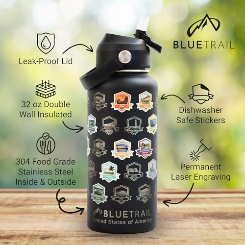 BlueTrail 50 States Water Bottle with Stickers - 32 oz Insulated Stainless Steel, Upgraded Leak-Proof Lid, UV & Waterproof Permanent Stickers, Laser Engraved 50 States of the USA (Black) Black
