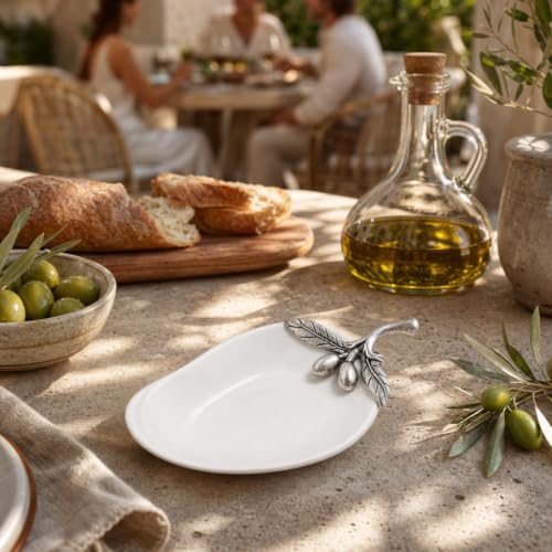 Vagabond House Olive Oil Server and Spoon Rest with Pewter Olive Branch Accent - Elegant Porcelain Kitchen Accessory - 4.5" L x 2.5" W