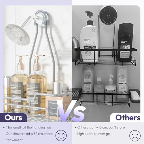SWTYMIKI Bathroom Shower Caddy Hanging - 3 Tier Rustproof Over Shower Head Organizer, No Drilling Bathroom Shelf with 16 Hooks & Soap Holder, Anti-Swing Rack for Shampoo,Sponge,Towel, Silver, Medium Silver-3 Tier-Medium