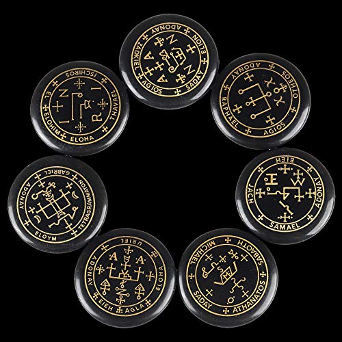 rockcloud 7PCS Black Agate Engraved Magic Circle Round Healing Crystal