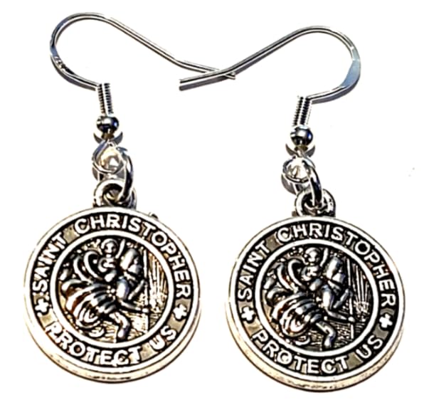 Royal Swan Antique Silver SAINT CHRISTOPHER PROTECT US Medal Earrings on Sterling Silver Hooks in a Velvet Gift Bag. Traveller Travel Protection Jewelry